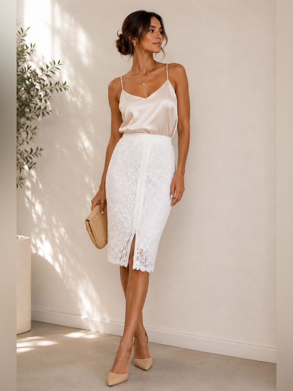 Thalia Sodi White Lace Pencil Midi Skirt High Waist Lined Size M NWT